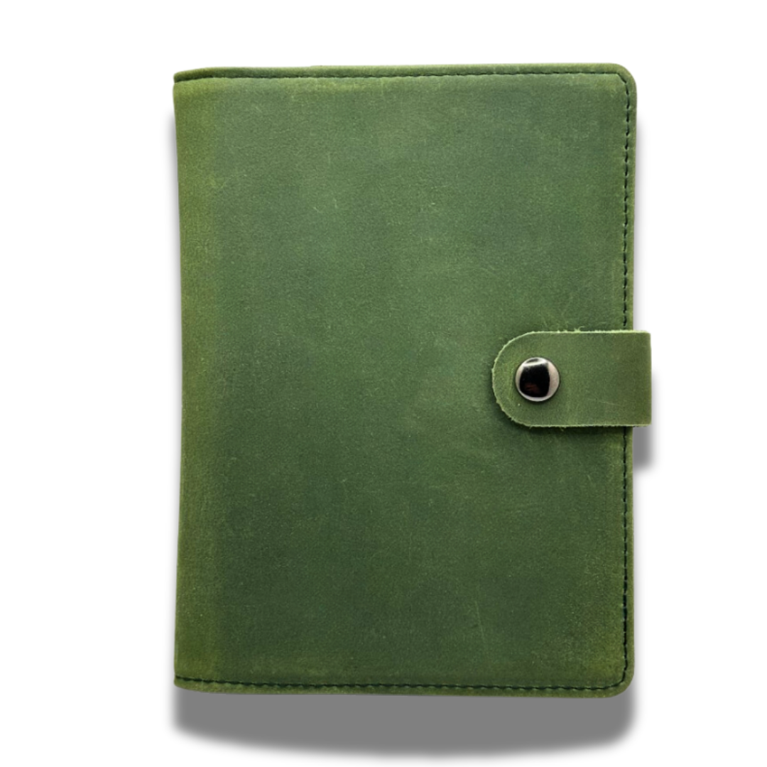 Green Individual Airtag Passport Holder made from genuine leather with RFID protection and ample storage for travel documents.