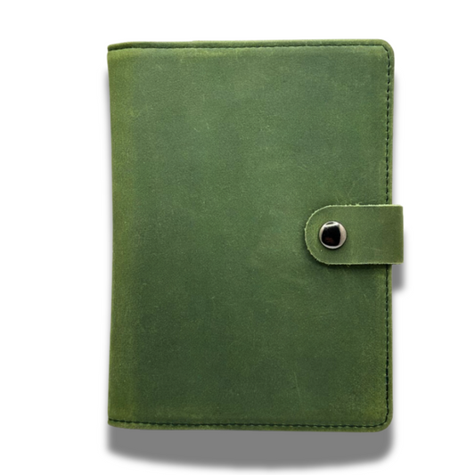 Green Individual Airtag Passport Holder made from genuine leather with RFID protection and ample storage for travel documents.