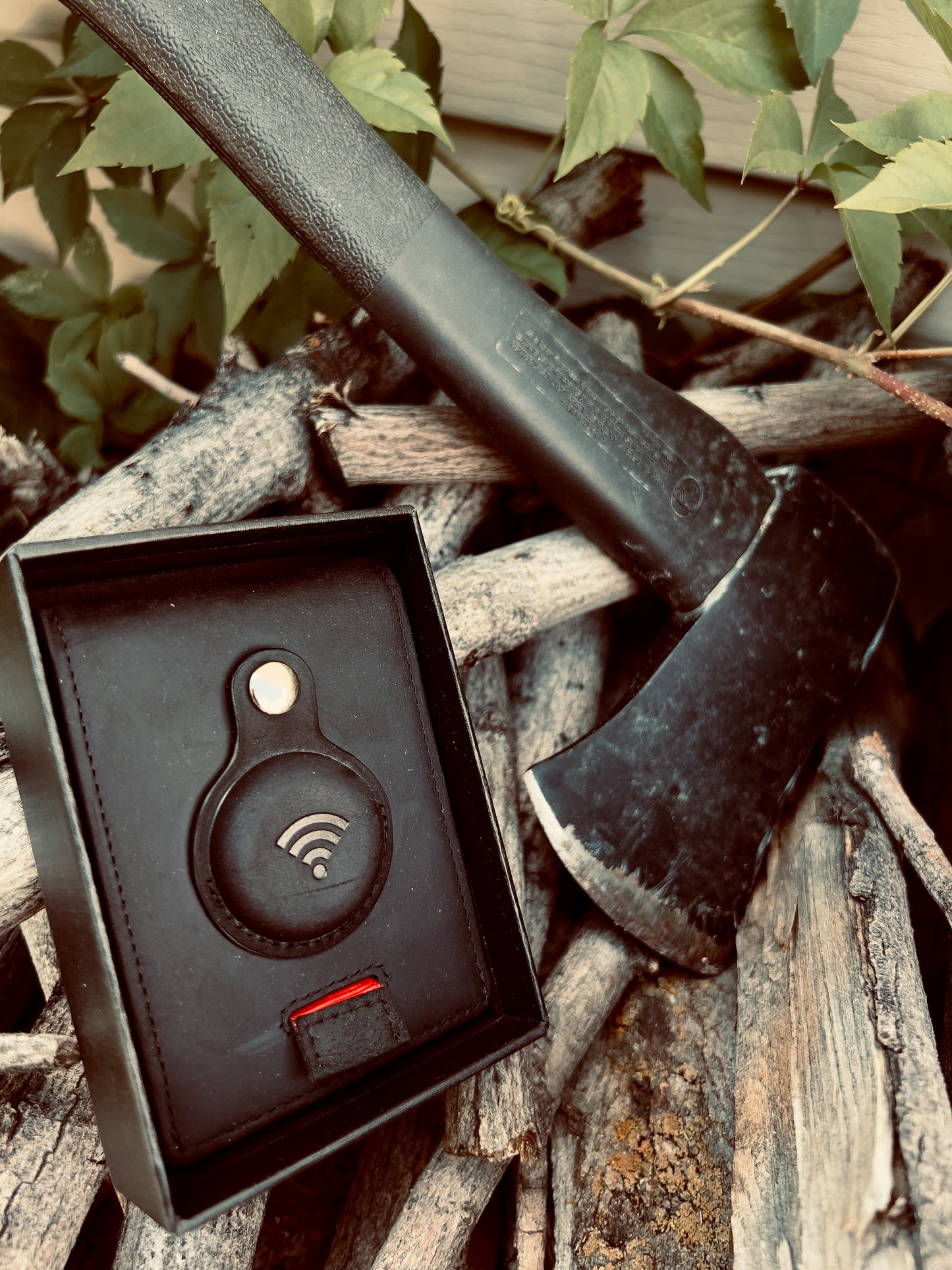 Full Grain Leather AirTag Wallet and Moto Tag Wallet (Black +Red Tab)