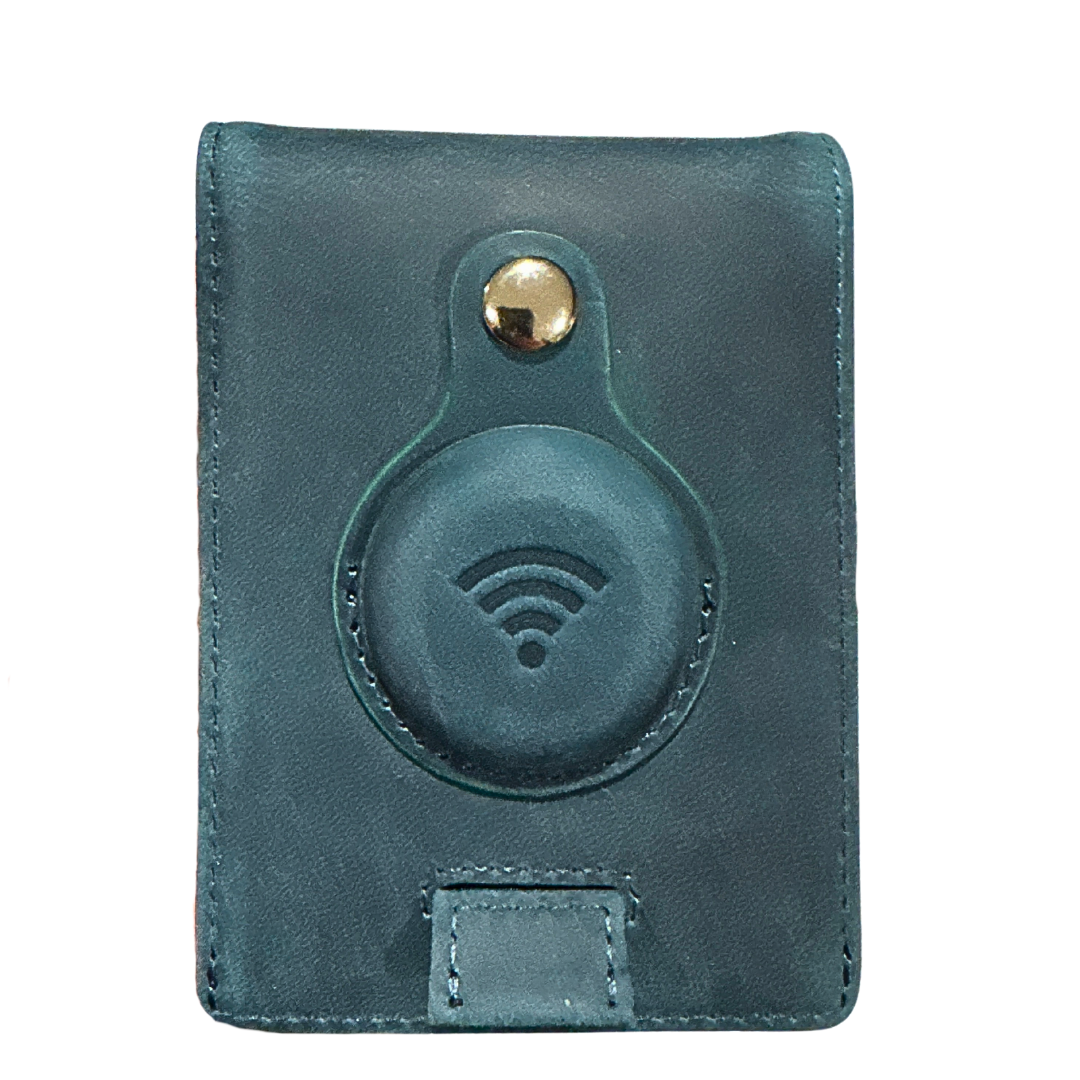 Full grain Leather AirTag Wallet and Moto Tag Wallet (Blue)