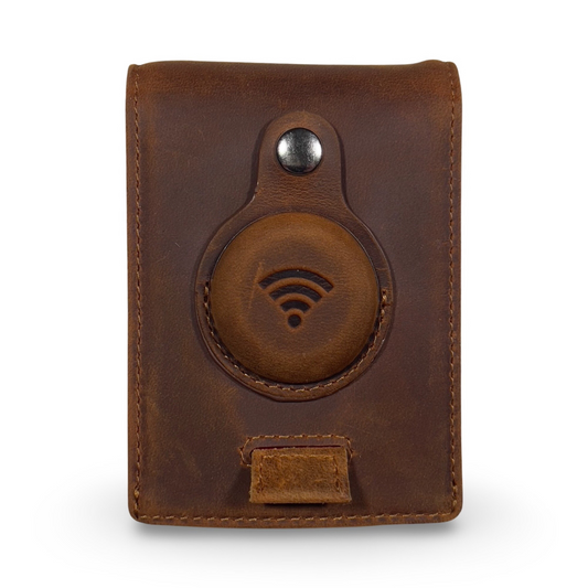 Full grain Leather AirTag Wallet (Coffee + Red Tab)