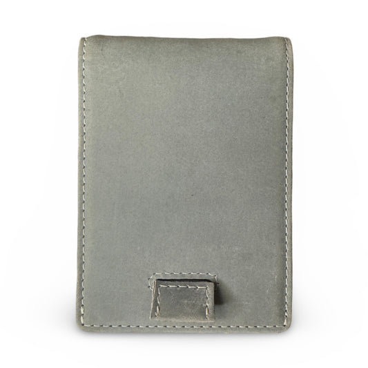 Gray Ironwood Wallet made from premium full grain leather, equipped with RFID protection, a money clip, and space for up to 14 cards