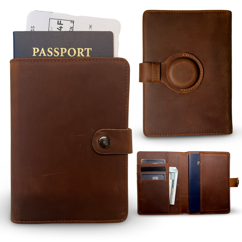 Genuine Leather AirTag Passport Holder (Coffee)