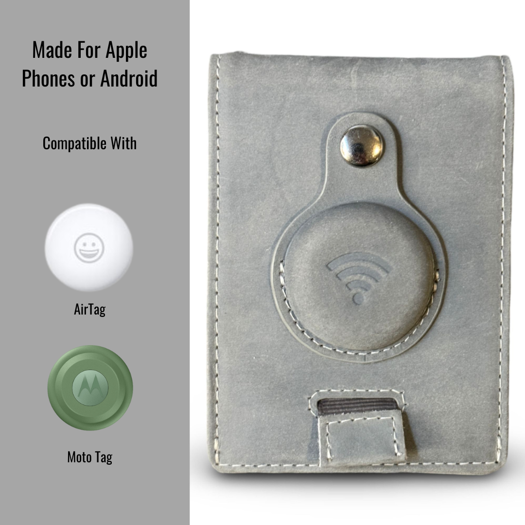 Full Grain Leather AirTag Wallet and Moto Tag Wallet (Grey)