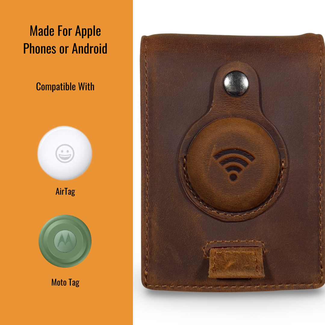 Full grain Leather AirTag Wallet and Moto Tag Wallet (Coffee + Red Tab)