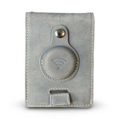 Gray Airtag Wallet constructed from durable full grain leather, offering RFID protection and a sophisticated look