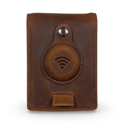 Brown Airtag Wallet made from premium full grain leather with RFID protection, designed for modern style and functionality.