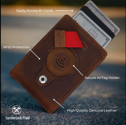 Full grain Leather AirTag Wallet and Moto Tag Wallet (Coffee + Red Tab)