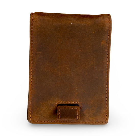 Brown Ironwood Wallet crafted from full grain leather, featuring RFID protection, a customizable money clip, and capacity for up to 14 cards